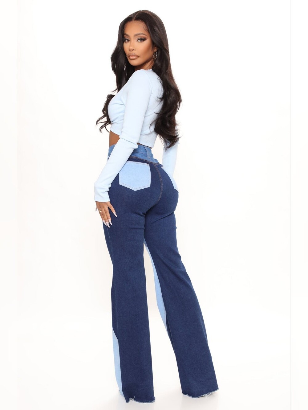 Fashion Nova Two-Tone Blue Patchwork Flare Jeans. Size 3 - Picture 3 of 11
